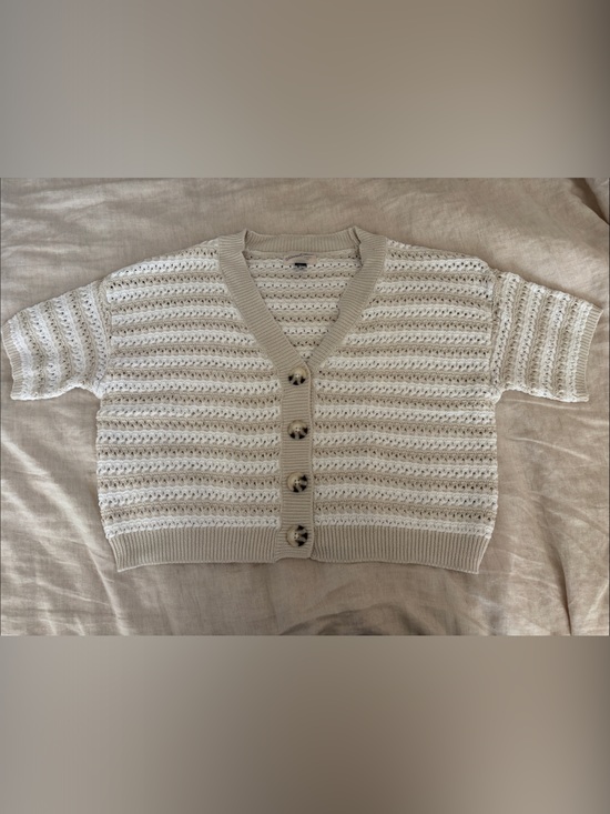 Universal Thread Sweaters - Universal Thread Cream Openwork Short-Sleeve Cardigan with Tortoiseshell Buttons